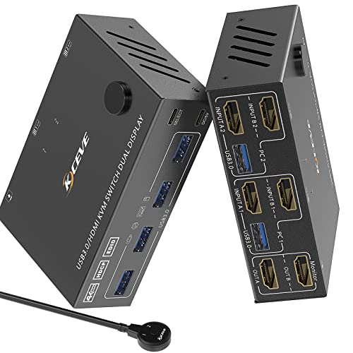KVM Switch 2 Computer 2 Monitore, KCEVE HDMI USB 3.0 Umschalter Dual Monitore Unterstützt 4K@60Hz Aktie Monitor Maus Tastatur für Laptop, PC, PS5, Xbox von KCEVE