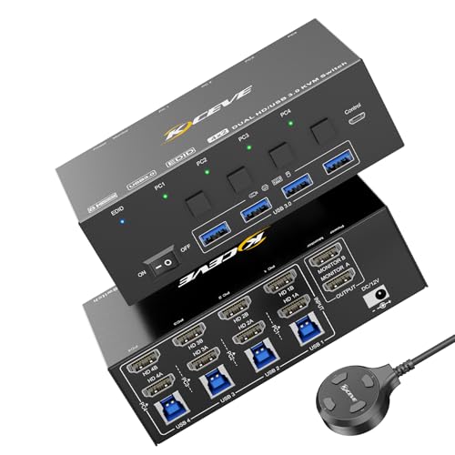 KVM Switch 2 Monitore 4 PC, KCEVE 8K@60Hz, 4K@144 Hz USB 3.0 HDMI KVM-Umschalter mit EDID-Emulator für 4PC Share Maus Tastatur und Monitor, stabiler Chip, hohe Kompatibilität von KCEVE