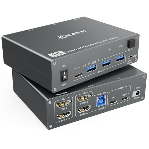 KVM Switch 2 PC 2 Monitore HDMI USB C, Dual-Monitor USB 3.0 Typ C Umschalter 4K@60Hz für 2 Computer, Tastatur und Maus Gemeinsam Nutzen von KCEVE