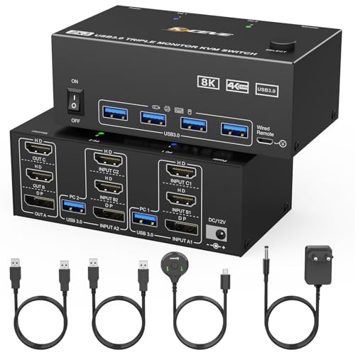 KVM Switch 2 PC 3 Monitore, KCEVE 2 HDMI + 1 DisplayPort USB 3.0 KVM Umschalter, 8K@30Hz/4k@144Hz Dreifach Monitor KVM für 2 PCs, 3 Displays und 4 USB 3.0-Geräte von KCEVE