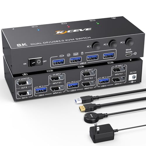 KVM Switch 3 Computer 2 Monitore, KCEVE Displayport USB 3.0 KVM-Umschalter für zwei Monitore, unterstützt 4K@60 Hz für 3 DP-Computer, die sich 2 DP-Monitore, Tastatur und Maus teilen von KCEVE
