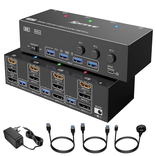 KVM Switch 3 Computer 3 Monitore, KCEVE HDMI + DisplayPort USB 3.0 KVM Umschalter, 8K@30Hz/4k@144Hz Dreifach Monitor KVM für 3 PCs, 3 Displays und 4 USB 3.0-Geräte von KCEVE
