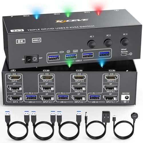 KVM Switch 3 Monitore 3 PC, Displayport HDMI USB 3.0 KVM-Umschalter für zwei Monitore, unterstützt 4K@60 Hz für 3 Computer von KCEVE