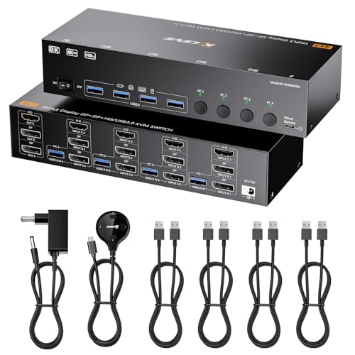KVM Switch 3 Monitore 4 PC, Displayport HDMI USB 3.0 KVM-Umschalter für zwei Monitore, unterstützt 4K@60 Hz für 3 Computer, die sich 2 DP-Monitore, Tastatur und Maus teilen von KCEVE