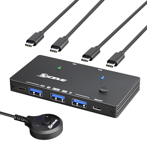 KCEVE USB 3.2 Switch Für 2 Laptops - 10 Gbps 2 Eingänge 4 Ausgänge Umschalter Für 2 PC, 4 USB-Geräte Gemeinsam Nutzen, Drucker, Scanner, Maus, Tastatur, Mit 2 USB C-Kabeln von KCEVE
