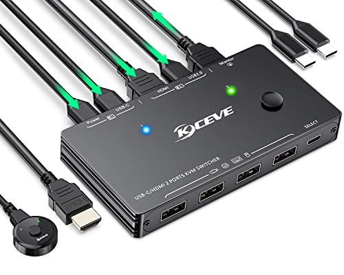 USB-C KVM Switch, KCEVE KVM Typ-C Umschalter Unterstützt 4K @ 60Hz für 1 Typ-C- und 1 HDMI Computer, die Tastatur, Maus und Monitor teilen, unterstützt 87 W PD-Schnellladung von KCEVE