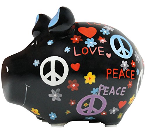 KCG Sparschwein Peace Love Keramik Spardose mit Gummiverschluss kleines Schwein mit Herzen, Blumen, Peace Zeichen 12,5 x 9 x 9 cm von KCG