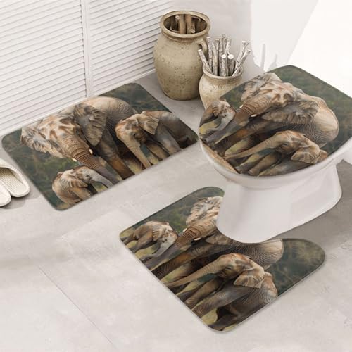KCGSDEGV Elefantenfamilie Drucke Flanell Badteppich Set 3-teilig Badematte + Konturmatte + Toilettensitzbezug rutschfest saugfähig Badteppiche von KCGSDEGV