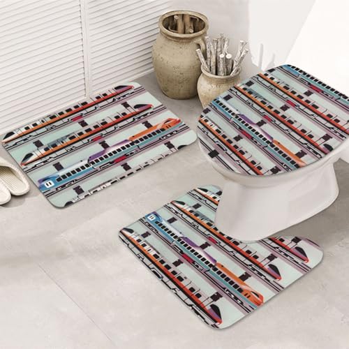 KCGSDEGV Monorail Zug-Drucke Flanell Badteppich Set 3-teilig Badematte + Konturmatte + Toilettensitzbezug rutschfest saugfähig Badteppiche von KCGSDEGV