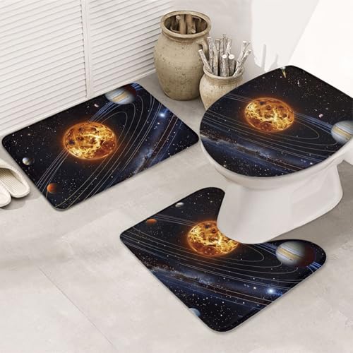 KCGSDEGV Outer Space Galaxie Sonnensystem Drucke Flanell Badezimmerteppich Set 3-teilig Badematte + Konturmatte + Toilettensitzbezug rutschfest saugfähig Badteppiche von KCGSDEGV