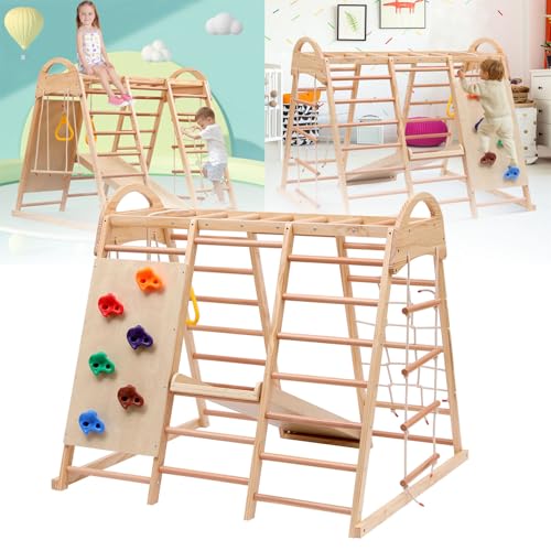 7-in-1-Multifunktions-Klettergerüst,Massivholz, Kletterleiter, Kletterplattenrutsche, Ein Netz zum Klettern, Ringe. Kann als Zelthaus 134x120x120 cm von KCHBSE