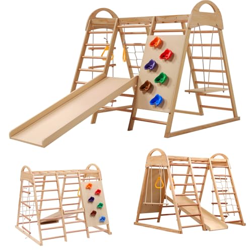 7-in-1-Multifunktions-Klettergerüst Holz Zelthaus Outdoor-Spielgerät für Kinder ab 3 Jahre aus Buchenholz & Sperrholz 134x120 x120cm von KCHBSE