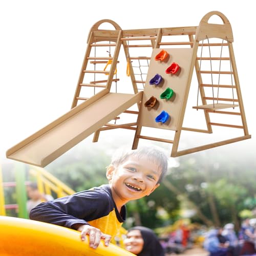Großes Klettergerüst aus Holz 7-in-1 – Mit Kletternetz, Kletterleiter, Kletterplattenrutsche Ringen, Schaukel für Garten 134x120 x120cm von KCHBSE