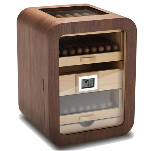 Humidorschrank aus Zedernholz mit Glasplatte, 4 große Schubladen mit 110 Fächern, mit digitalem Hygrometer und Luftbefeuchter, 32,5 x 24 x 25 cm,Walnut von KCHBSE