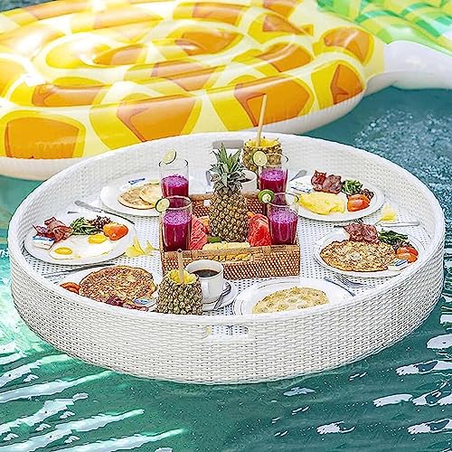 KCHBSE Schwimmende Serviertabletts, Tischbar, 60 cm/80 cm, luxuriöses schwimmendes Tablett für Pool – schwimmendes Pool-Tablett, Rattan-geflochtenes Serviertablett für Pool mit Griffen,White-Φ60cm von KCHBSE