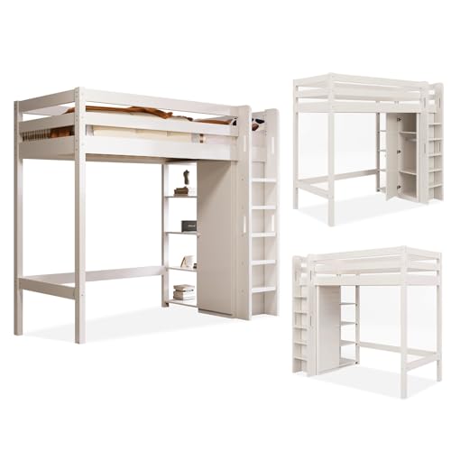 Kinderbett Hochbett 90x200 cm, Einzel Bettgestel mit Kleiderschrank und 6 Regalen, Weiß, Hochwertiges Material, Leicht zu Montieren 110x208x186cm Kinderbett Hochbett 90x200 cm, Einzel Bettgestel mit Kleiderschrank und 6 Regalen, Weiß, Hochwertiges Material, Leicht zu Montieren 110x208x186cm von KCHBSE