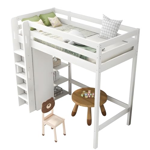 Kinderbett Hochbett 90x200 cm Einzelbett mit integriertem Kleiderschrank & 6 Regalen Weiß, stabil & langlebig Hochwertiges Material, einfach zu montieren von KCHBSE
