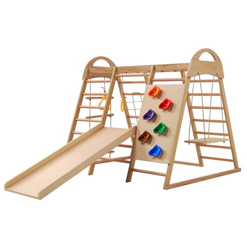 Klettergerüst Indoor Kletterspielzeug mit Rutsche Kletterleiter Kletternetz Affenstange, Spielturm Spielplatz Kletterdreieck für Kinder ab 1 Jahr 134x120x120 cm von KCHBSE