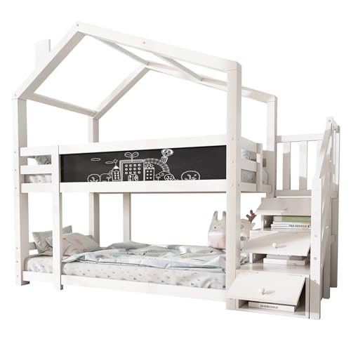 Weißes Baumhaus-Kinderbett 90 x 200 cm – Sicherheits-Etagenbett mit Rausfallschutz, Schornstein-Design, Inkl. 2 Lattenroste, perfekt für Kinderzimmer Weißes Baumhaus-Kinderbett 90 x 200 cm – Sicherheits-Etagenbett mit Rausfallschutz, Schornstein-Design, Inkl. 2 Lattenroste, perfekt für Kinderzimmer von KCHBSE
