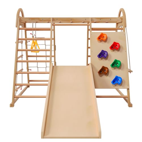 klettergerüst Indoor, Klettergerüst für Kinder im Alter von 2 bis 5 Jahren, Kleinkinder-Kletterspielzeug 8-in-1 mit Rutsche, Kletterwand, Kletterseil 134x120x120 cm von KCHBSE