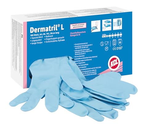 KCL Dermatril® L 741 Einweghandschuhe für Rechts- und Linkshänder, Nitril, Wasserdicht, Geeignet für die Lebensmittel-/Chemieindustrie, Blau, Größe 11XXL, 074111081C (Schachtel mit 100 Stück) von KCL