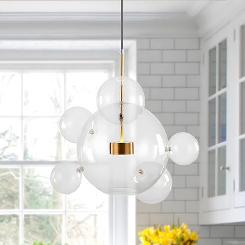 KCO Lighting Modern Globe Bubble Kronleuchter 6-Light Klarglaskugel Sputnik Kronleuchter Pendelleuchte Mid Century Gold Küche Insel Pendelleuchte Einstellbare Pendelleuchte von KCO