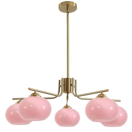 KCO Lighting Modern Pink Kronleuchter Rosa Glas Pendelleuchte 5 Lichter Gold Große Globe Kronleuchter Mitte Jahrhundert Unterputz-Deckenleuchte Leuchte für Esszimmer Küche Insel Wohnzimmer von KCO