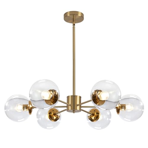 KCO Lighting Moderner 6-flammiger Sputnik-Kronleuchter mit Klarglaskugel, Mitte des Jahrhunderts, verstellbare Decken-Pendelleuchte, goldfarbenes Messing, Unterputzbefestigung von KCO