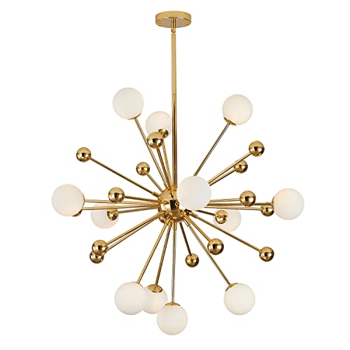 KCO Lighting Moderner goldener Sputnik-Kronleuchter, 12-flammige weiße Glaskugel-Hängeleuchte, Starburst-Kronleuchter aus der Mitte des Jahrhunderts für Wohnzimmer und Esszimmer (12-flammig) von KCO