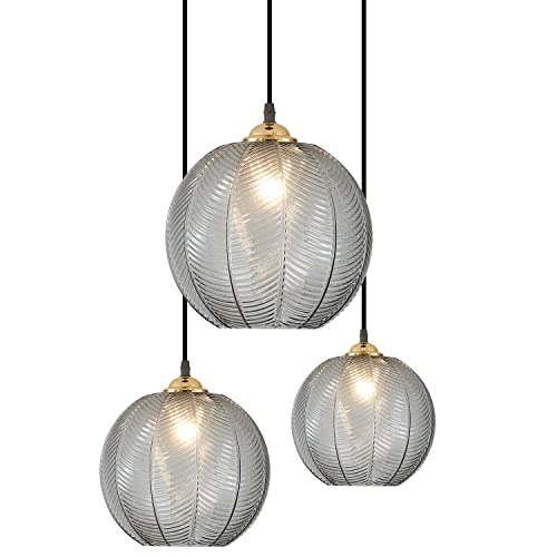 KCO Lighting Pendelleuchte aus rauchgrauem Glas mit 3 Flammig, runder schwarzer Cluster-Kronleuchter mit 3 Lichtern und einstellbarer Höhe für Esszimmer und Wohnzimmer von KCO