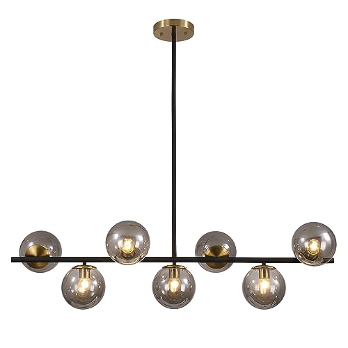 KCO Lighting Schwarz-Gold Lineare Pendelleuchte für die Küche, Mid-Century Modern Kronleuchter, 7-Flammig Rauchglaskugel Vintage Runder Kronleuchter von KCO