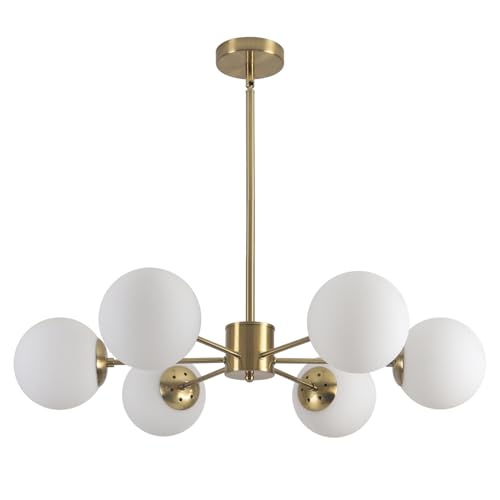 KCO Lighting Sputnik Lampe Wohnzimmer Kronleuchter-Leuchte Globus-Schirm Milchglas Pendelleuchte Esstisch Modern Messing Küche Schlafzimmer Unterputz Leuchte (6-flammig) von KCO