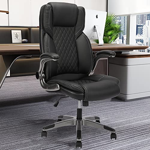 KCREAM Bürostuhl,Schwarz Stuhl Ergonomischer Chefsessel 180kg Belastbarkeit, PU Leder Schreibtischstuhl mit hochklappbarer Armlehne,Office Chair mit Verstellbarer Lendenwirbelstütze von KCREAM
