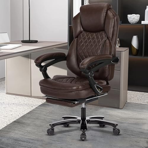 KCREAM Bürostuhl 250kg Belastbarkeit, Ergonomischer Chefsessel mit Fußstütze, PU Leder Drehstuhl mit hoher Rückenlehne und Verstellbarer Armlehne, Schreibtisch Drehsessel höhenverstellbar, Braun von KCREAM