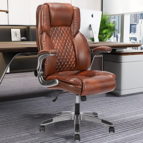 KCREAM Bürostuhl,Braun Stuhl Ergonomischer Chefsessel Schreibtischstuhl, PU Leder Computerstuhl mit hochklappbarer Armlehne,Drehbarer Arbeitsstuhl Office Chair mit Verstellbarer Lendenwirbelstütze von KCREAM