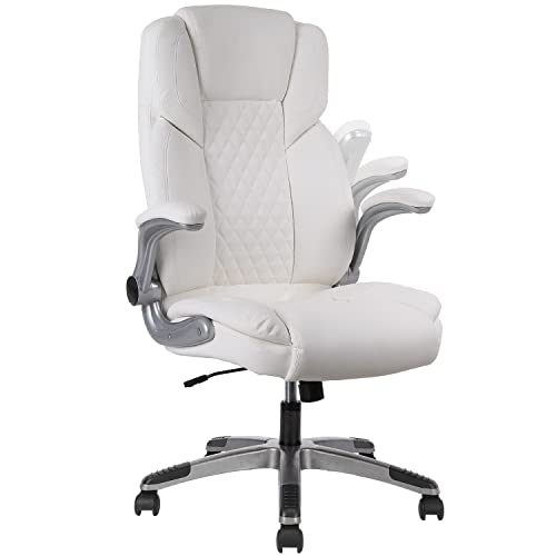 KCREAM Bürostuhl Computer hohe Rückenlehne verstellbare Flip-up-Armlehnen Ergonomischer Schreibtischstuhl Executive Diamond-Stitched PU Leder Swivel Task Chair mit Armlehnen Lendenwirbelstütze von KCREAM