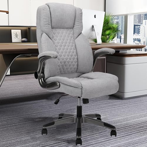 KCREAM Bürostuhl,Grauer chefsessel bürostühle,burostuhl ergonomisch 180kg,Schreibtischstuhl mit Gepolsterten Klapparmlehnen, Stuhl mit Lendenwirbelstütze, Stuhl Diamond-Stitched von KCREAM