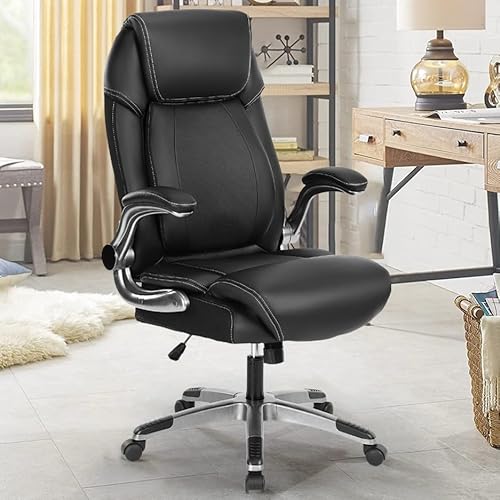 KCREAM Ergonomischer Bürostuhl 180kg,PU Leder chefsessel Office Chair,Schwarz schreibtischsessel, mit Gepolsterten Klapparmlehnen für das Homeoffice, Drehstuhl mit höhenverstellbar für Erwachsene von KCREAM
