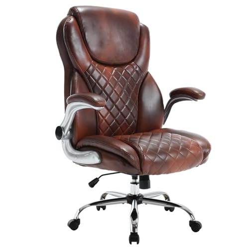 KCREAM Ergonomischer Chefsessel,PU Leder Bürostuhl Schreibtischstuhl mit Wippfunktion (90–120°), klappbare Armlehnen & Lendenstütze, für Home-Office Bürostuhl 180kg belastbarkeit,Braun von KCREAM
