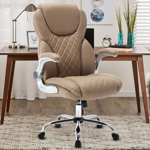 KCREAM Ergonomischer Chefsessel,PU Leder Bürostuhl Schreibtischstuhl mit Wippfunktion (90–120°), klappbare Armlehnen & Lendenstütze, für Home-Office Bürostuhl 180kg belastbarkeit,Hellbraun von KCREAM