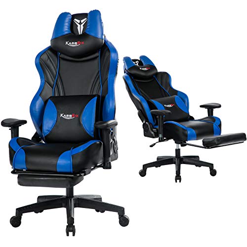 KCREAM Gaming Stuhl 200kg Belastbarkeit, PC Stuhl Ergonomischer Gaming Sessel mit Fußstütze, Drehbarer Schreibtischstuhl mit Rollen, Gamingstuhl mit Kopfstütze und Lumbalkissen,Blau von KCREAM