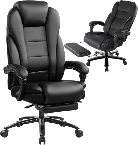 KCREAM Schreibtischstuhl Bürostuhl 210 kg Belastbarkeit,Chefsessel Ergonomischer Bürostuhl mit Fußstütze,PU Leder Office Chair mit Hoher Rückenlehne,Stuhl mit Verstellbarer Rücklehner, (Schwarz) von KCREAM