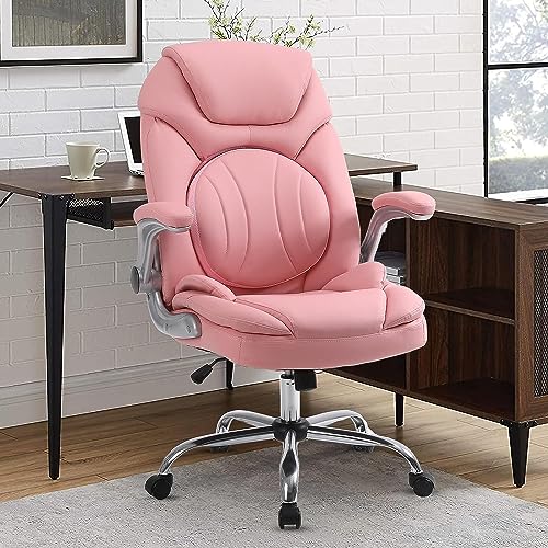 KCREAM Moderne Bürostühle mit Lendenwirbelstütze, 90-120° Schaukelstuhl Ergonomische PU-Leder Bürostühle mit Rädern, hochklappbaren Armlehnen und Rückenlehne (rosa) von KCREAM