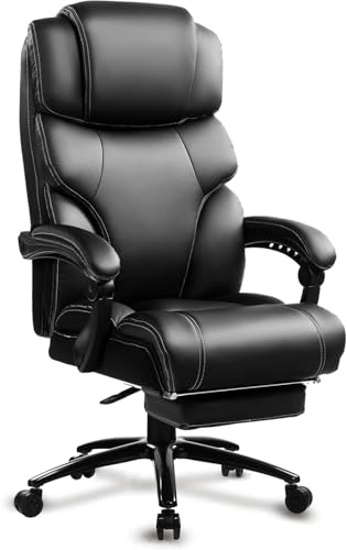 KCREAM chefsessel bürostuhl 210 kg Belastbarkeit,Ergonomischer Bürosessel mit Fußstütze, PU Leder Schreibtischstuhl Office Chair mit Verstellbarer Rücklehner, Schwarz Stuhl von KCREAM
