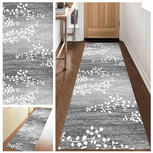 KCYXSMAX Teppich Läufer Flur Grau Blume Muster Küchen Teppich 100 * 150cm Weich Polyester Lange Küchenläufer für Korridor Schlafzimmer Wohnzimmer Geometrisches Waschbar Meterware Anpassbar von KCYXSMAX