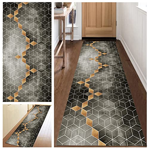 KCYXSMAX Teppich Läufer Flur Schwarz Geometrie Muster Küchen Teppich 40 * 80cm Weich Polyester Lange Küchenläufer für Korridor Schlafzimmer Wohnzimmer Geometrisches Waschbar Meterware Anpassbar von KCYXSMAX