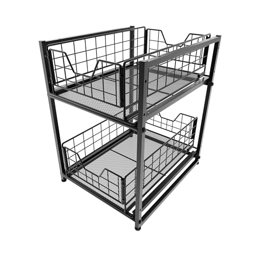 KD Essentials – Spülschrank Organizer – robustes Vollmetall, 2 Etagen (Küchenschrank-Regal für mehr Ordnung unter der Spüle oder im Putzmittelschrank, mit zwei Schubladen, einfacher Aufbau, stapelbar) von KD Essentials