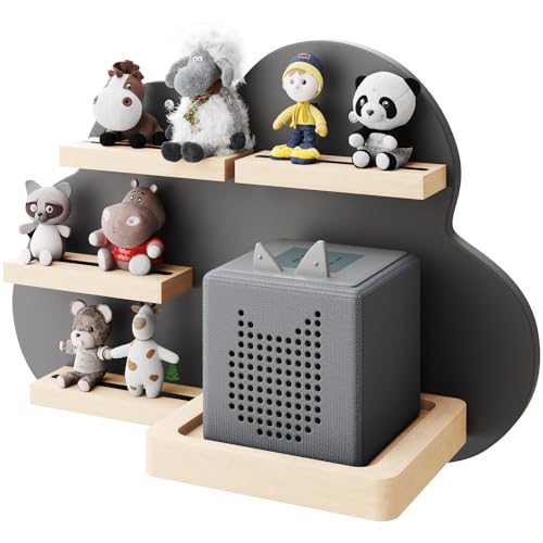 KD Essentials – Tonie-Regal, Display für Lautsprecher und Figuren (Kinderzimmer-Wandregal aus FSC-Holz, hält eine Toniebox und viele Tonie-Figuren mit Magnethalterungen, schönes Wolkendesign, grau) von KD Essentials