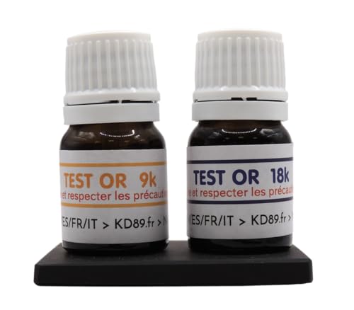 KD89 Reagenzien / Lösungen zum Testen von Gold, 9 und 18 Karat, mit natürlichem Prüfstein und mehrsprachiger Anleitung (evtl. nicht in deutscher Sprache), Expertise für Schmuck, Münzen, Barren, Spatel von KD89