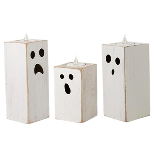 3pcs Halloween Kerzenhalter Holz Cartoon Geisterkerzenhalter Spooky Halloween Dekor für Schlafzimmer Wohnzimmertisch Party von KDAMGOQE